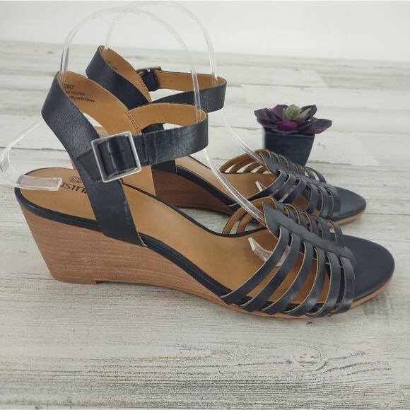 Susina NEW Black Leather Strappy Wedge Sandals Adjustable Ankle Strap Size 11 - Picture 1 of 11